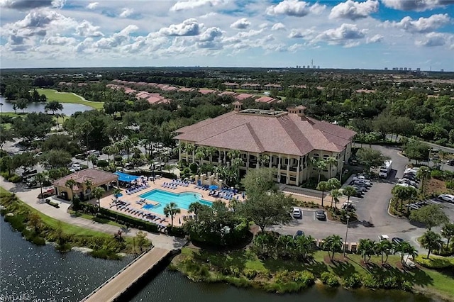 drone / aerial view with a water view