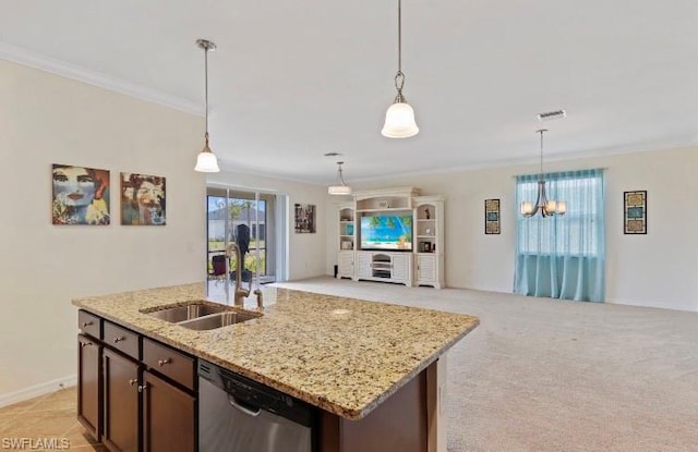 kitchen featuring stainless steel dishwasher, decorative light fixtures, a notable chandelier, light carpet, and light stone counters