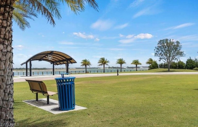 view of home's community with a water view and a yard