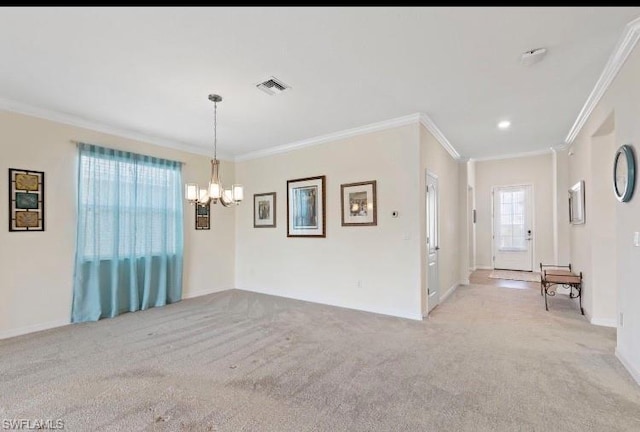 unfurnished room featuring light carpet, a chandelier, and crown molding