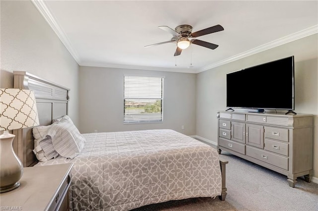 bedroom with ornamental molding, ceiling fan, and light colored carpet