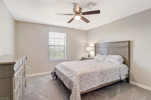 bedroom featuring ceiling fan and light colored carpet