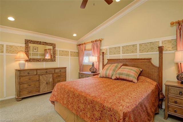 carpeted bedroom featuring ornamental molding, ceiling fan, and lofted ceiling