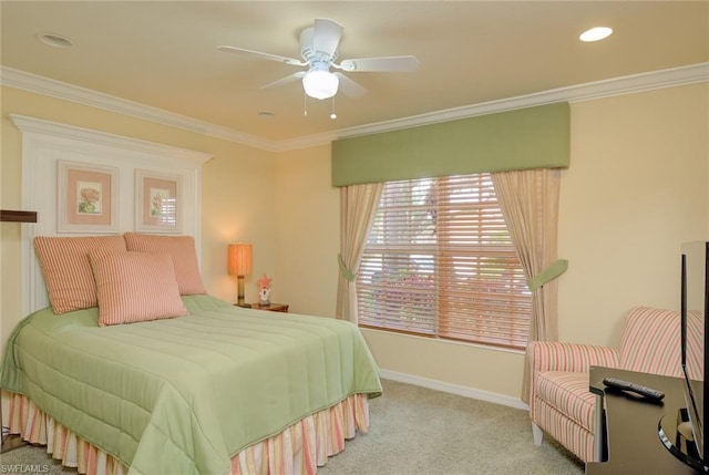 bedroom with light carpet, crown molding, and ceiling fan