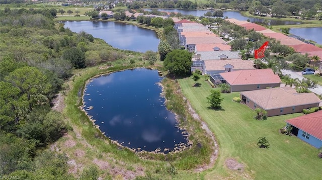 drone / aerial view featuring a water view