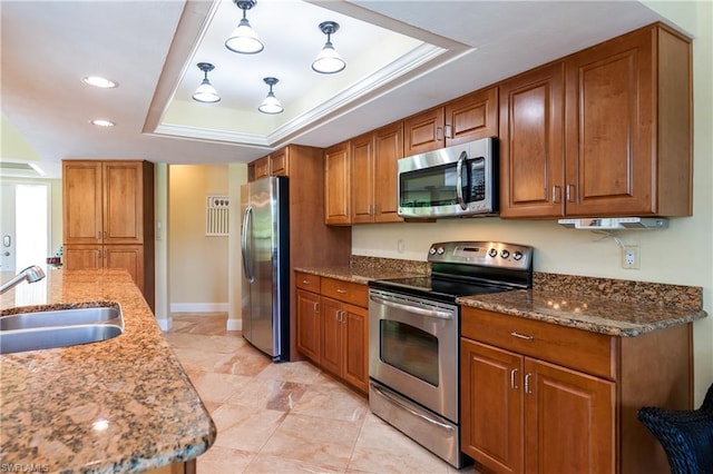 kitchen featuring a tray ceiling, dark stone countertops, appliances with stainless steel finishes, and sink