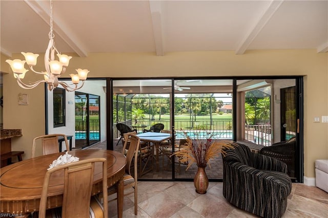 tiled dining space featuring beam ceiling and a notable chandelier