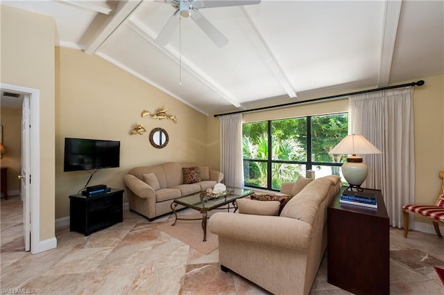 living room featuring lofted ceiling with beams, ceiling fan, and light tile floors