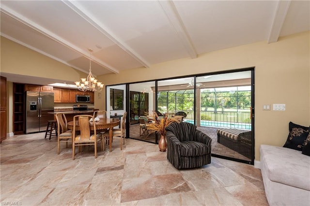 living room with ceiling fan with notable chandelier, light tile floors, and beamed ceiling