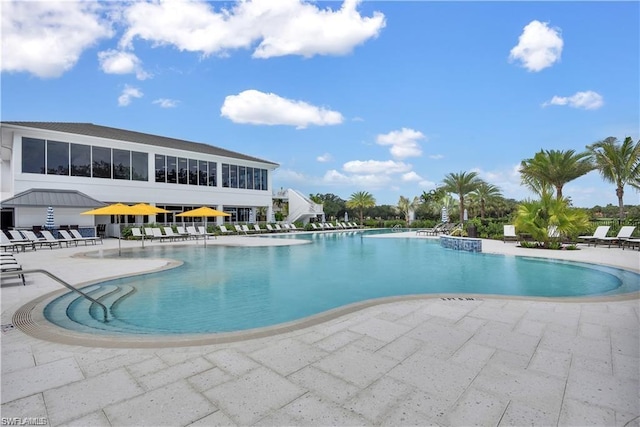 view of swimming pool with a patio area