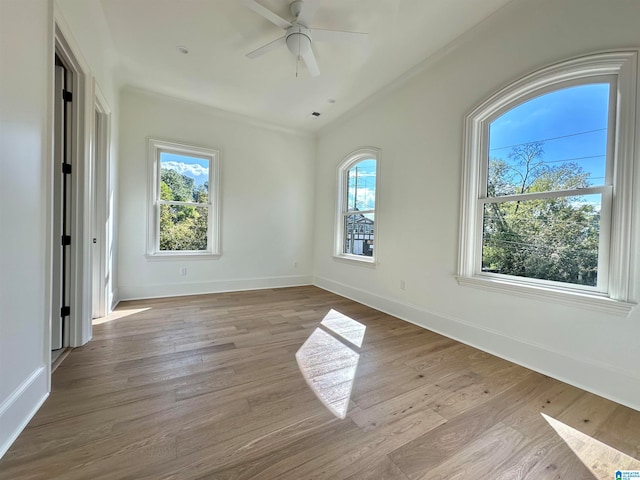 unfurnished room with a wealth of natural light, ceiling fan, and light wood-type flooring