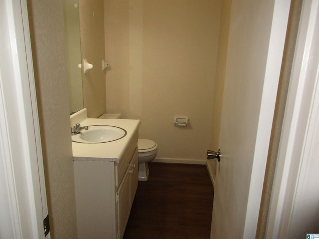 bathroom featuring toilet, vanity, and wood-type flooring