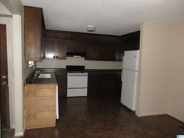 kitchen with white appliances, a textured ceiling, sink, dark brown cabinetry, and fume extractor