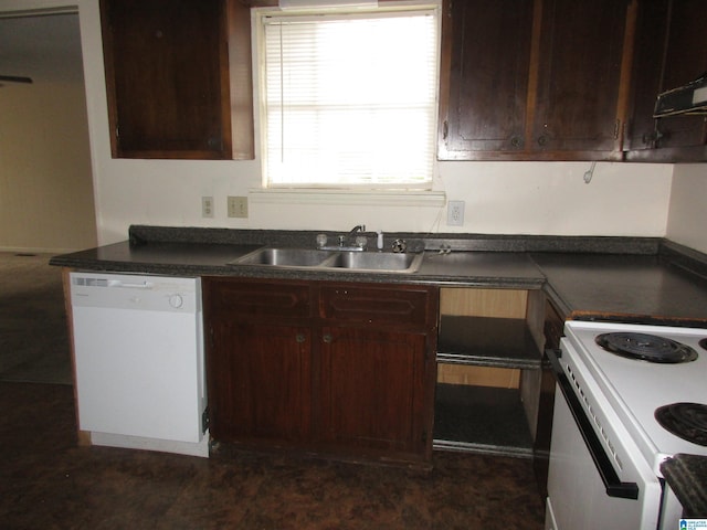 kitchen with sink, white appliances, extractor fan, and dark brown cabinetry