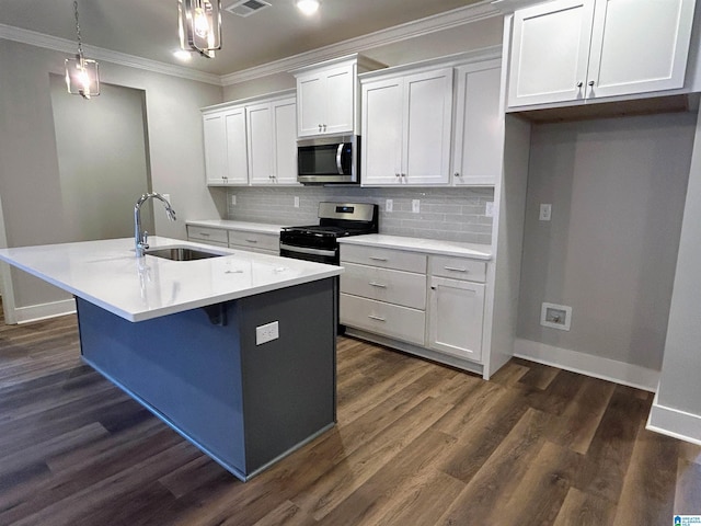 kitchen with sink, white cabinets, stainless steel appliances, and a center island with sink