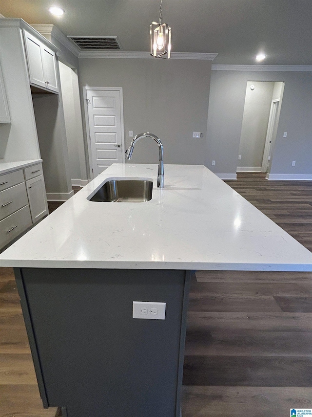 kitchen with sink, ornamental molding, and an island with sink