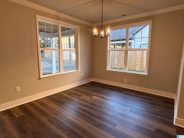 unfurnished dining area featuring a notable chandelier, dark hardwood / wood-style floors, and ornamental molding