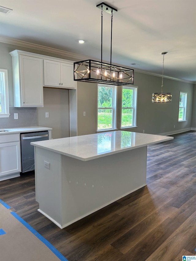 kitchen featuring white cabinets, dark hardwood / wood-style flooring, and stainless steel dishwasher