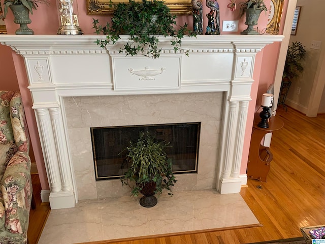 room details featuring light wood-type flooring and a fireplace