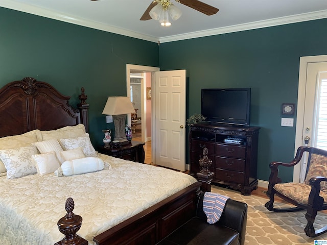 bedroom featuring ceiling fan, ornamental molding, and light hardwood / wood-style floors