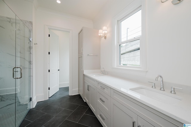 bathroom featuring walk in shower, tile patterned floors, vanity, and crown molding