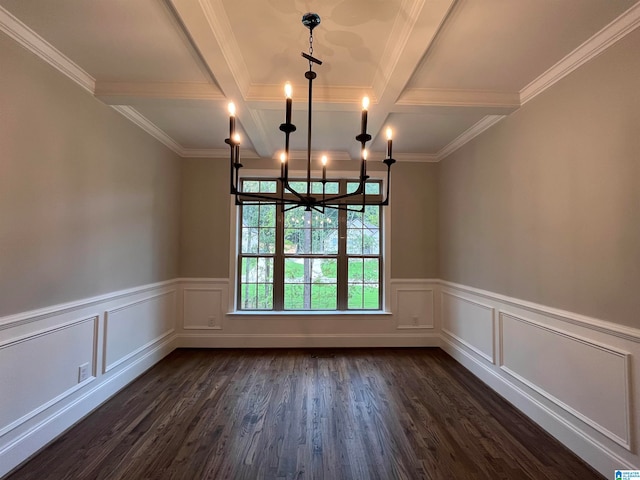 unfurnished dining area featuring coffered ceiling, ornamental molding, dark wood-type flooring, and a chandelier