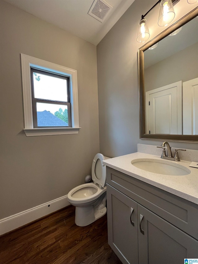 bathroom with hardwood / wood-style flooring, vanity, and toilet