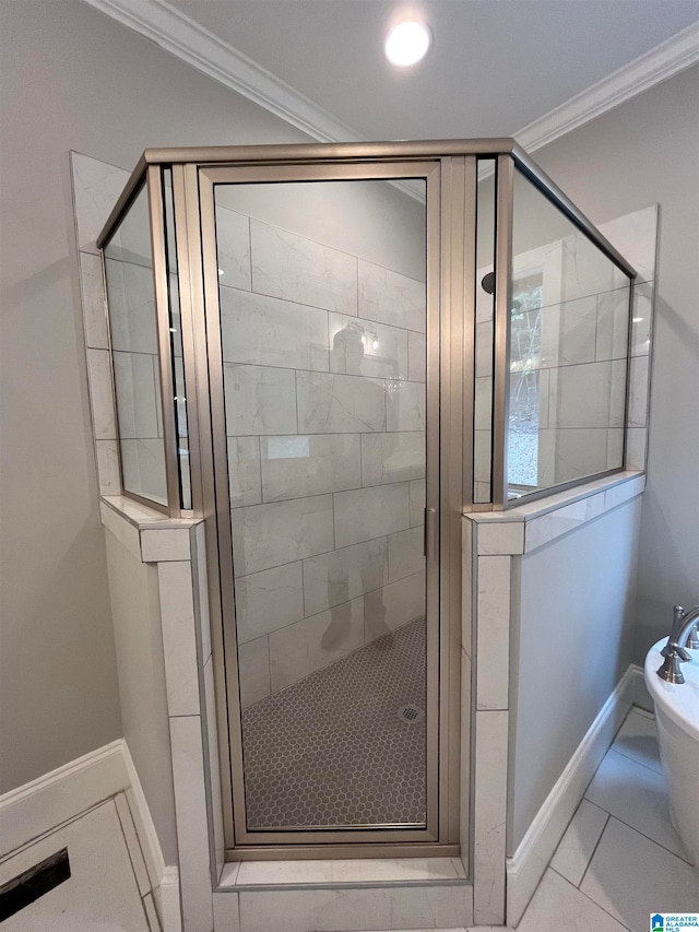 bathroom featuring plus walk in shower, tile patterned floors, and ornamental molding