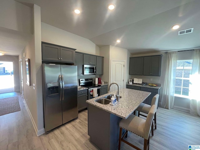 kitchen featuring sink, stainless steel appliances, a kitchen breakfast bar, vaulted ceiling, and a center island with sink