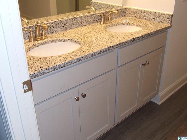 bathroom featuring wood-type flooring and dual bowl vanity