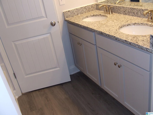 bathroom featuring hardwood / wood-style floors and dual bowl vanity