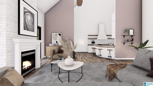 living room featuring hardwood / wood-style floors and lofted ceiling