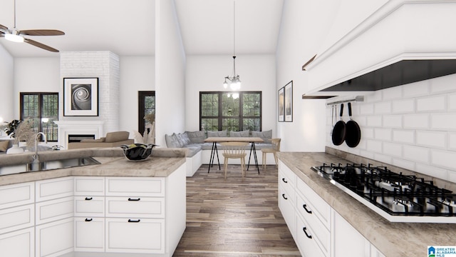 kitchen with gas cooktop, dark hardwood / wood-style flooring, premium range hood, sink, and white cabinets