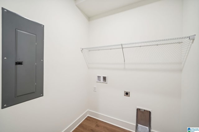 clothes washing area featuring hookup for an electric dryer, hardwood / wood-style flooring, hookup for a washing machine, and electric panel