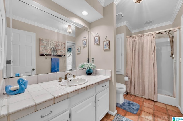 bathroom with tile flooring, large vanity, toilet, and ornamental molding