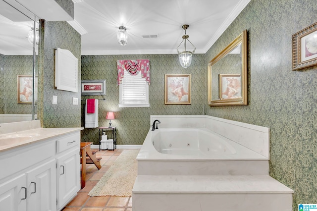 bathroom with crown molding, tile floors, and vanity with extensive cabinet space