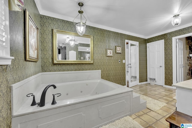 bathroom with ornamental molding, a washtub, and tile flooring