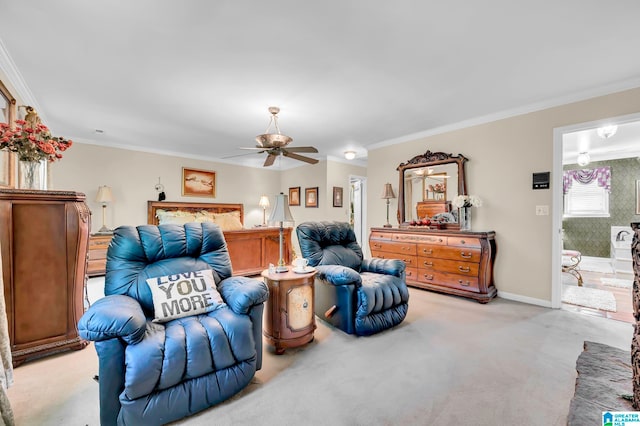 living room with ornamental molding, ceiling fan, and light colored carpet