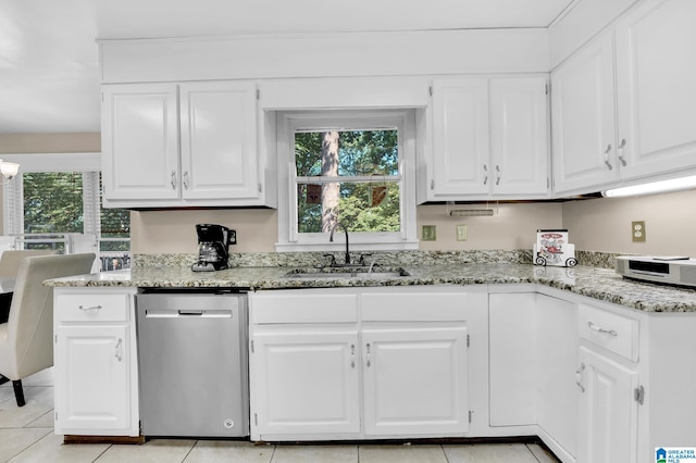 kitchen with stainless steel dishwasher, sink, light stone countertops, and white cabinetry