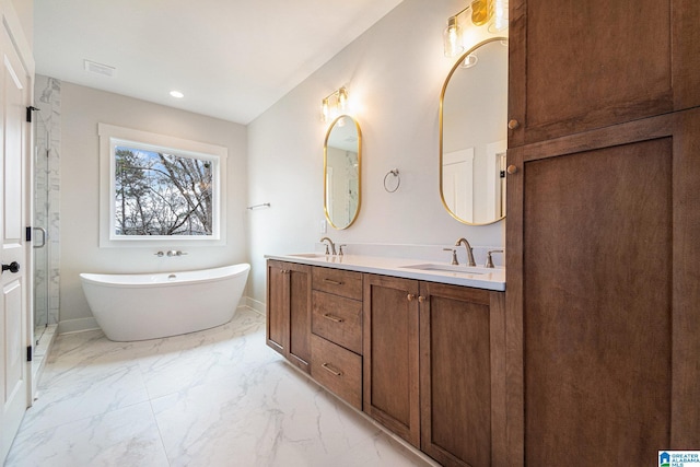 bathroom with vanity and separate shower and tub