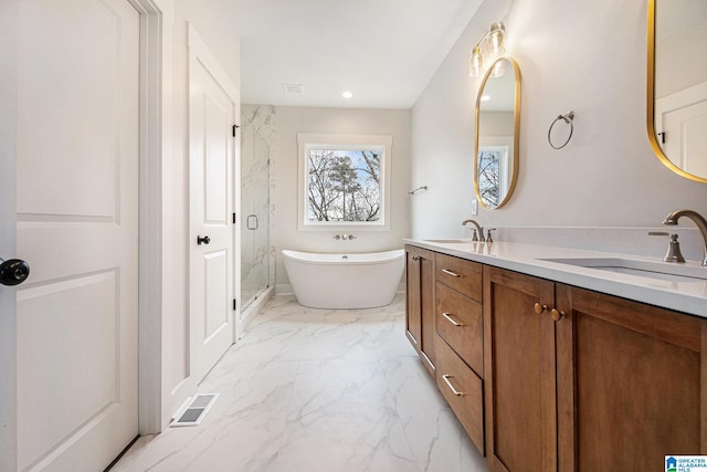 bathroom featuring vanity and independent shower and bath