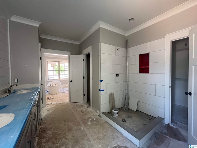 bathroom featuring dual bowl vanity, crown molding, and walk in shower