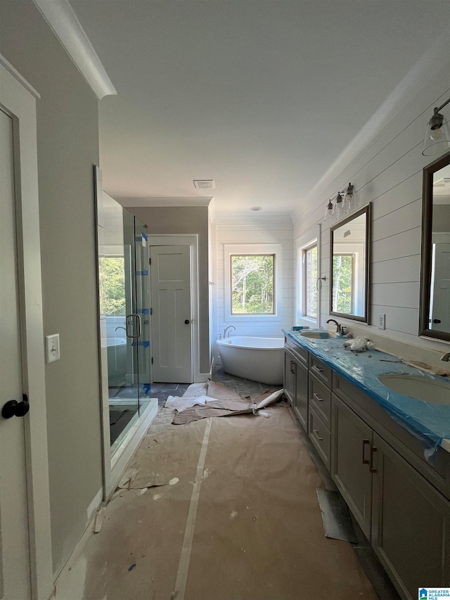 bathroom with plus walk in shower and dual bowl vanity