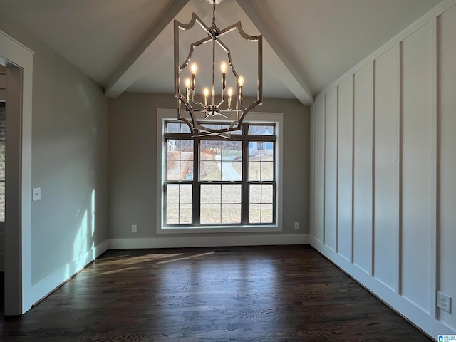 unfurnished room featuring dark wood-type flooring, a notable chandelier, and lofted ceiling with beams