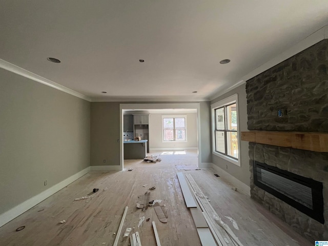 misc room with a fireplace, ornamental molding, and light hardwood / wood-style floors