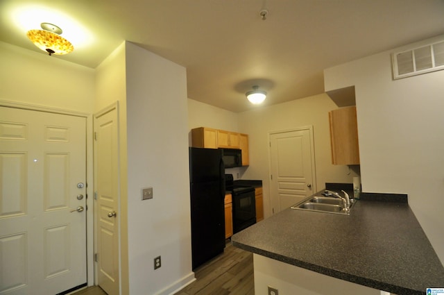 401 S 20th St Unit 420, Birmingham, AL 35233 - kitchen featuring light brown cabinetry, kitchen peninsula, sink, dark wood-type flooring, and black appliances