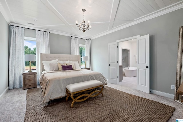 carpeted bedroom with ensuite bath, a notable chandelier, crown molding, and beamed ceiling