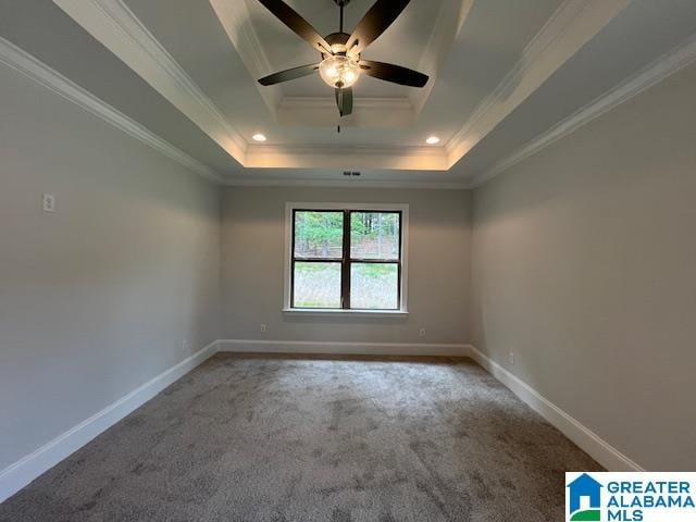 carpeted spare room with a raised ceiling, ceiling fan, and crown molding