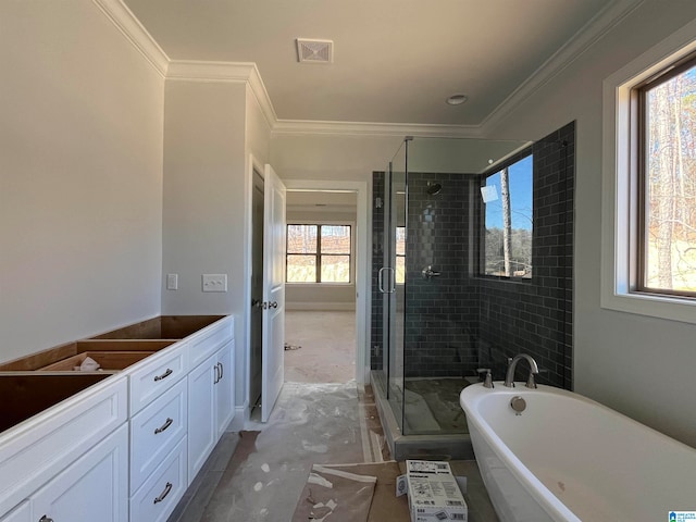 bathroom featuring vanity, separate shower and tub, and crown molding