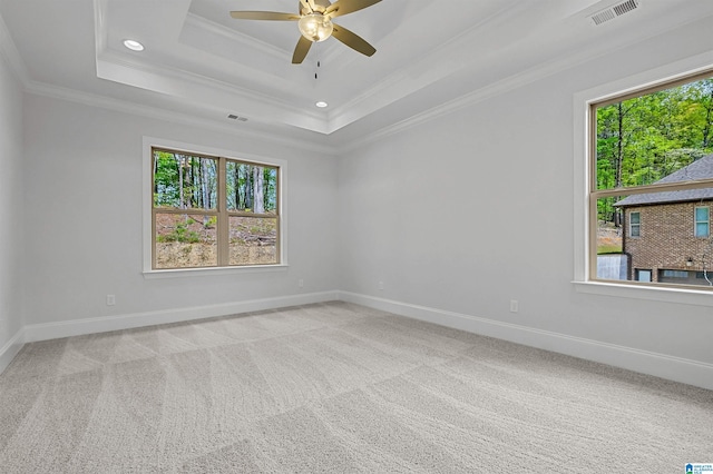 2121 Grey Oaks Ter, Pelham, AL 35124 - spare room with a ceiling fan, a raised ceiling, crown molding, light carpet, and recessed lighting